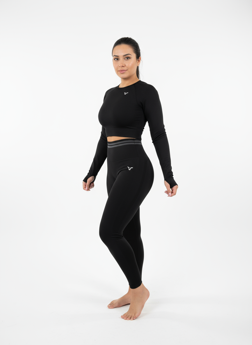 Forté Set – Women’s Long-Sleeve Crop Top & High-Waist Leggings (Black)