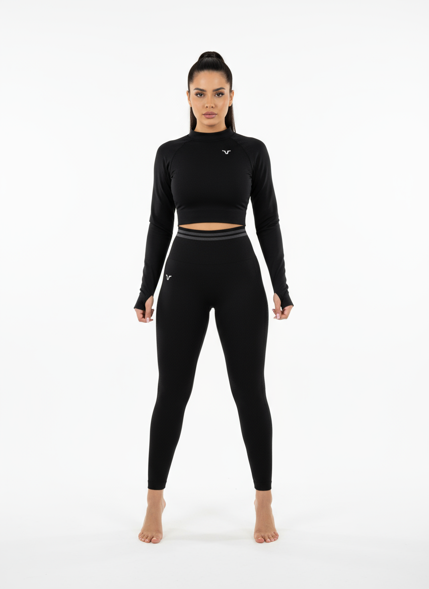 Forté Set – Women’s Long-Sleeve Crop Top & High-Waist Leggings (Black)